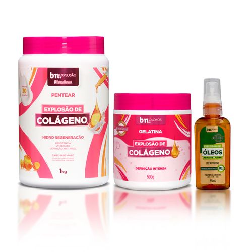 Kit com Creme de Pentear + Gelatina Explosão de Colágeno + Óleo de Abacate e Oliva | bn.Cachos